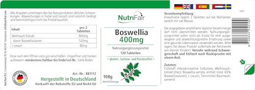 Boswellia 400mg - mit 800mg Weihrauch-Extrakt pro Tagesdosis - 120 Tabletten - Hochdosiert - 100% Vegan – Deutsche Produktion & Laborprüfung - NutriFair | Premium & Fair