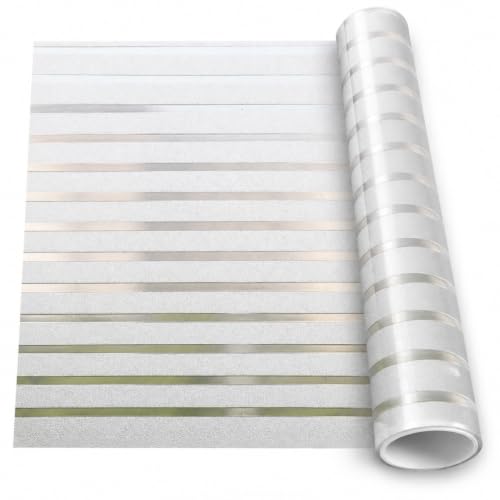 Image of Self Adhesive Window Privacy Film for Glass Windows & Doors | UV Blocking, Heat & Glare Reduction | Decorative Frosted Glass Film Easy to Apply (Frosted White Stripe, 24X100 Inch)