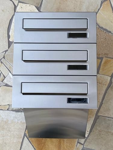 ALSTEN TECH 3er Dreifach Mauerdurchwurf Briefkasten für Mehrfamilienhaus oder Büro - Briefkastenanlage zum Einmauern für 3 Familienhaus 3fach komplett aus Edelstahl V2A Rostfrei Einbaubriefkasten