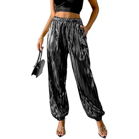 Fakanhui Women's Metallic Jogger Pants Sequin Gold Silver Casual Dress Evening Party Clubwear Trouser Cover