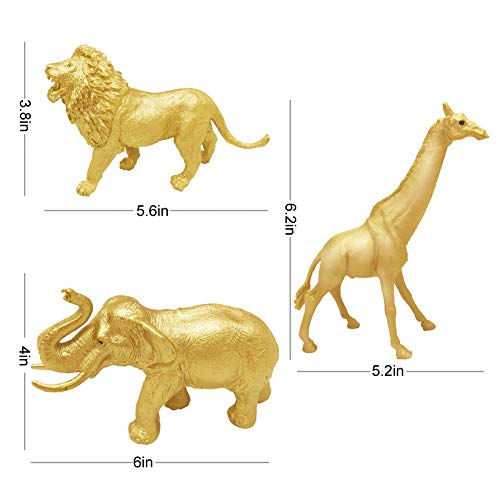 Metallic Gold Plastic Animal Figurines Toys, 12Pcs Jumbo Safari Zoo Animal Figures, Jungle Wild Animals With Elephant, Lion, Giraffe For Baby Shower Decor, Safari Themed Birthday Party #TOP2