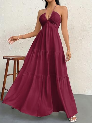 Image of Narecte Women's Maxi Summer Dresses Halter V Neck Beach Dresses for Women A-Line Casual Dress for Vacation