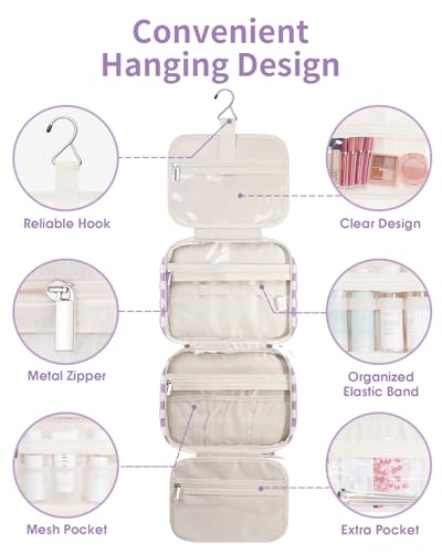 Image of Narwey Large Hanging Toiletry Bag Travel Makeup Bag Cosmetic Organizer for Women and Girls, Z-Purple Checkerboard, Medium