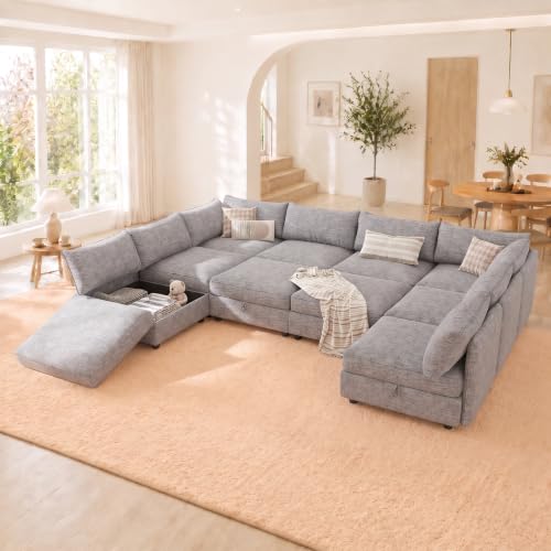 Image of 125 inch 10 Seat Modular Sectional Sleeper Sofa, Chenille Modern Modular Sofa Bed Hidden Storage, Convertible L&U Shaped Sleeper Couch with Ottoman, Couches for Living Room, Gray