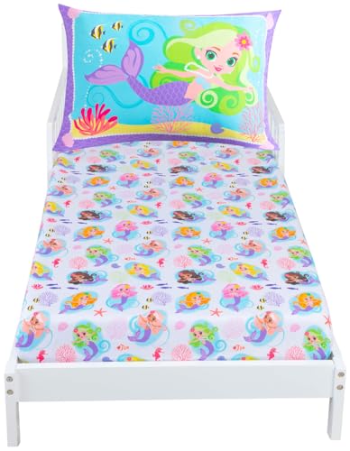 Image of Todays Kids Mermaids 2-Piece Toddler Bedding Set - Breathable 100% Soft Brushed Microfiber Polyester, Standard Size Mermaid Bedding, Gentle on Delicate Skin, Fitted Toddler Bed Sheet Set & Pillowcase