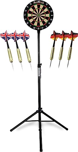 Stagecaptain DBS-1715C Bullseye Champion Dartscheibe Komplett Set - Profi Steeldartscheibe aus Sisal - Stufenlos höhenverstellbarer Ständer aus Stahl - 6 Dartpfeile und 4 Sets Flights