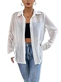 Verdusa Women's Sheer Mesh Button Up Shirt Long Sleeve See Through Blouse White M