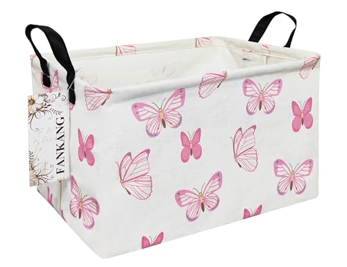 Image of FANKANG Storage Bins, Nursery Hamper Canvas Laundry Basket Foldable with Waterproof PE Coating Large Storage Baskets for Kids Boys and Girls, Office, Bedroom, Clothes,Toys(Rec-pink butterfly