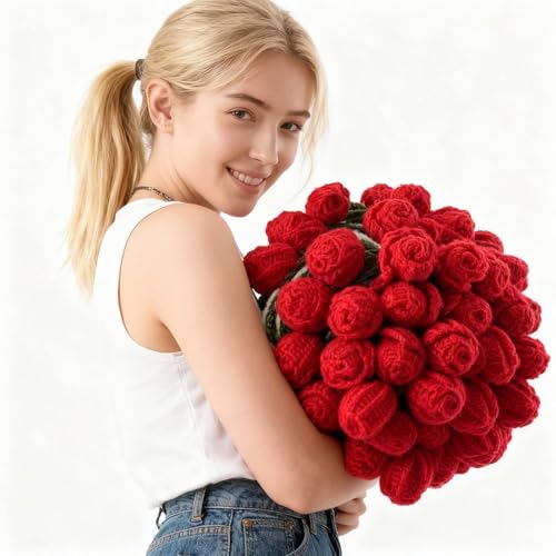 Image of Acteb Finished Crochet Flower Bouquet Blanket Valentine Gifts, Handmade Knitted Rose Flower Throw Blankets, White Elephant Gift for Adults Teens Kids Funny Useful, 61 Inch