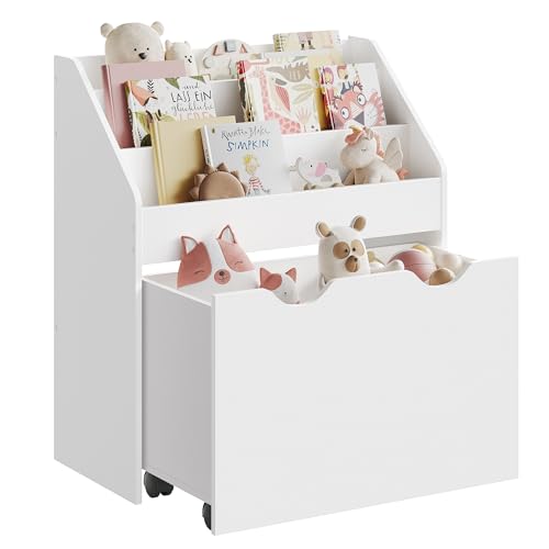 SONGMICS Estantería de Juguetes con 3 Compartimentos, Librería Infantil, Caja de Juguetes Móvil, con Ruedas, Multifuncional, para Habitación de los Niños y Sala de Juegos, Blanco Nube GKR041W10