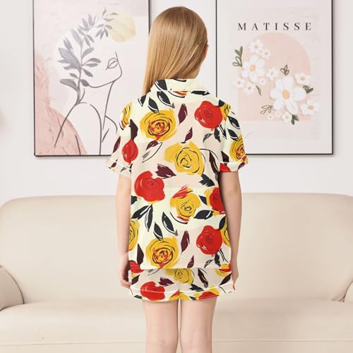 ALAZA Yellow Red Rose Flower Pajamas Satin Pajama Set Short Sleeve Button Down Sleepwear4