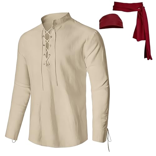 Kluantou Disfraz medieval de 3 piezas para hombre con camisa pirata retro, pañuelo para la cabeza y cinturón, disfraz de pirata, ropa vikinga, renacentista, traje medieval de tres piezas