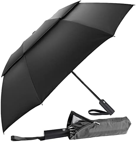 Windproof Umbrella, Vuteehy Travel Umbrella for Rain with 16 Ribs Double Canopy Vented, Waterproof Folding Umbrella with Inverted Design, Auto Open Close, Compact Rain Umbrella for Men and Women Black