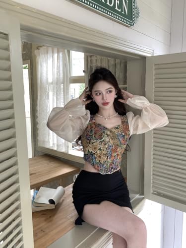 Image of ICW Women French Style Retro Vintage Lace-Up Floral Jacquard Square Neck Smock Puff Sleeve Ruffled Crop Blouse Corset Top Dn29