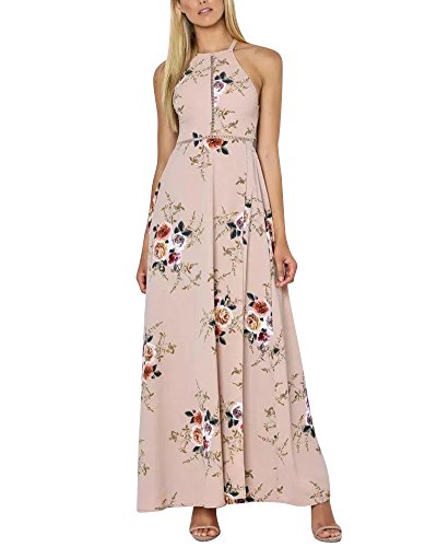 LaoZan Maxikleid Strandkleid Lang Neckholder Kleid Cocktailkleid Partykleid Sommerkleid mit Floral Druck
