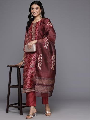 Image of Varanga Women Floral Printed Kurta Pant Set with Dupatta | Silk Blend Fabric | Summer Wear | 3 /4 Sleeve Round Neck | Lightweight & Comfortable Daily Wear