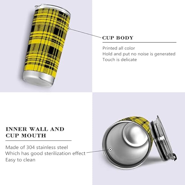 Yellow Tartan Plaid Tumbler Stainless Steel Insulated Ice Cup Travel Mug for Car Truck Coffee Double Wall Vacuum Thermos with Straw and Lid 20 OZ