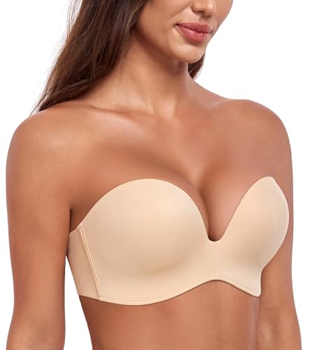 HACI Push Up Strapless Bra for Women Anti-Slip Padded Wireless Stay Put4