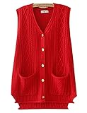 Kissonic Women's Cable Knit Button Down Sweater Vest V Neck Sleeveless Cardigan, Red, X-Large