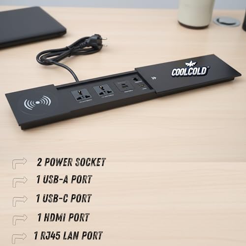 Image of COOLCOLD in-Desk Sliding Power Socket with 15W Wireless Charger Compatible with All Qi Enabled Device, 2 Power Outlets 10Amp, USB Charger A+C 5V 2.1A, HDMI & LAN Ports | Hidden Pop-Up Table Module
