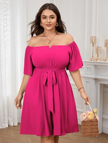 Image of SCOMCHIC Womens Plus Size Cocktail Dress Summer Off Shoulder Short Sleeve Flowy Ruffle A-Line Cute Mini Dress with Belt