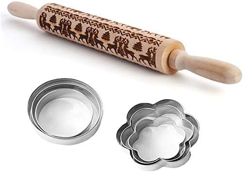 Wooden Rolling Pins Embossing Rolling Pin with Design Deer Pattern for Baking Cookies with 6 Cookie Cutters (14 x 1.8 inch)