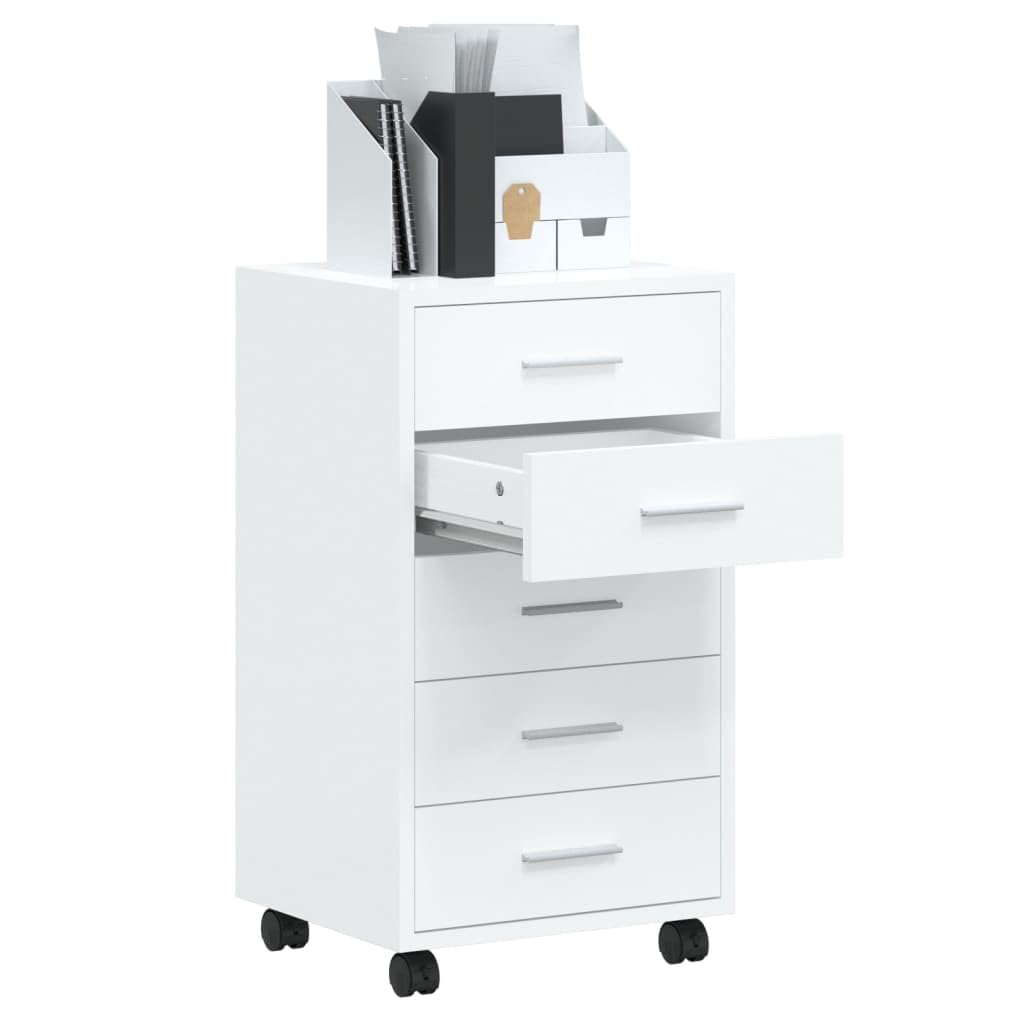 Cassettiera moderna con 5 cassetti e ruote – Cassettiera da ufficio in legno con soluzione flessibile per documenti e cancelleria