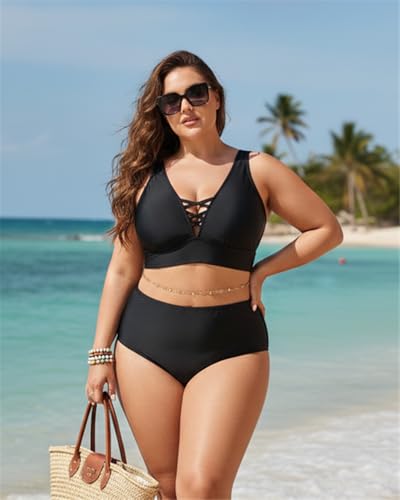 Plus Size Bikini Top Only - Women Swim Bra Lace Up Swimsuit Top V Neck Bathing Suit Tops for Large Bust Swimwear 20252