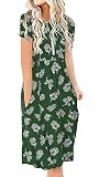 DB MOON Women Casual Short Sleeve Dresses Empire Waist Knee Length Dress with Pockets (Green White Flower, XL)