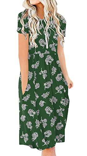Image of DB MOON 2026 Women Summer Casual Short Sleeve Dresses Empire Waist Dress with Pockets (Green White Flower, 3XL)
