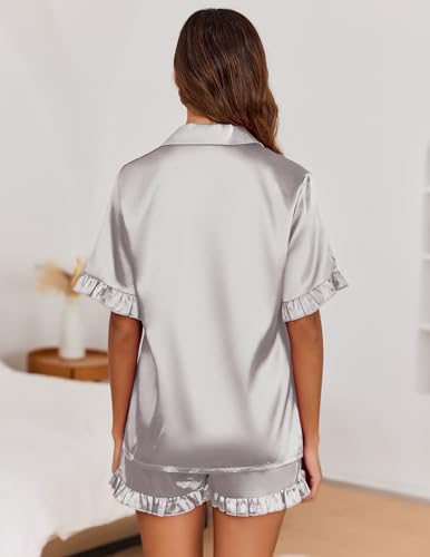 Image of Ekouaer Satin Pajama Set for Women 2 Piece Pj Sets Short Sleeve Sleepwear | Super Soft Silky Summer Loungewear Set with Ruffle Short Sleeve Top and Pocket Shorts, Casual Travel Daily Gift