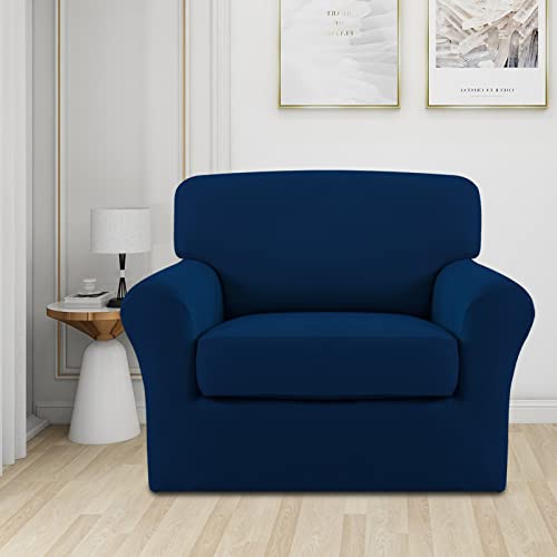 Image of Easy-Going 2 Pieces Stretch Sofa Slipcover for Armchair Washable | Spandex Soft Fitted Sofa Couch Cover for Living Room Washable Furniture Protector with Bottom Kids Pet Navy