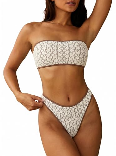 Image of ZAFUL Women Strapless Textured Bandeau Bikini 2 Piece Swimwear Cheeky Solid Lace up Bathing Suits