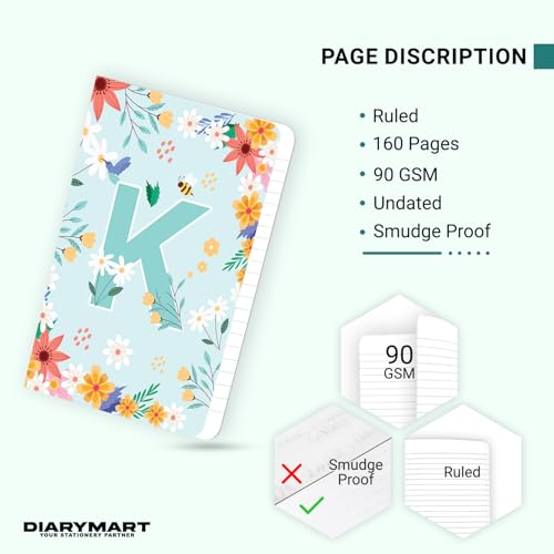 Image of Initial K Premium Soft Bound Notebook Diary for Girls and Women (B6, 90 GSM, 160 Ruled Pages) Floral Design Notebook Journal Diary