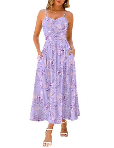 Image of Annebouti Women 2026 Summer Spring Ruched Maxi Dress Adjustable Spaghetti Strap Floral Beach Long Sundress with Pockets