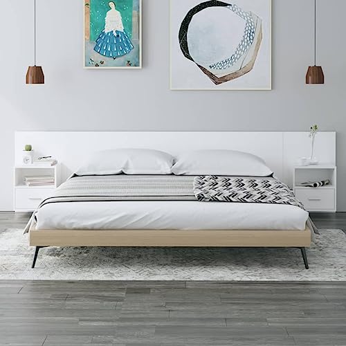 QUAHEAS Tête de lit blanche avec tables de chevet intégrées, en bois durable, 200 cm de large, pour chambre à coucher et espace de rangement