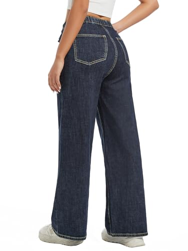 Women's Tummy Control Wide Leg Pants High Waisted Elastic Waist Drawstring Straight Leg Jeans Joggers with Pocket3
