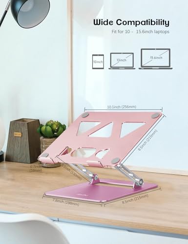 Image of Aoviho Adjustable Laptop Stand for Desk,Portable Laptop Stand Holder and Riser,Foldable Aluminum Notebook Computer Stands for MacBook Air Pro HP Lenovo Dell Samsung, 10-15.6 inch,Blush Rose Silver