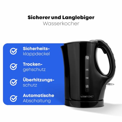 Foto von Clatronic® Wasserkocher | 1,0 Liter | klein Kompakt & Reisetauglich | Teekocher | kleiner Wasserkocher mit Sicherheitsklappdeckel | Reisewasserkocher mit Edelstahlheizelement | WK 3462 schwarz