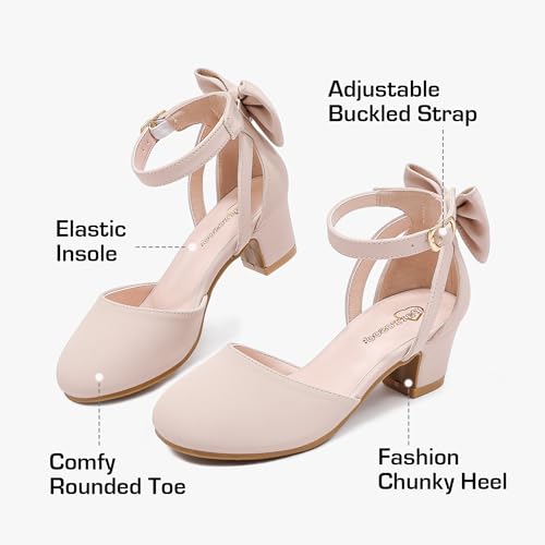 Image of Girls Heels Dress Shoes Flower Girl Pumps with Cute Bow Closed Toe | Princess Shoes,High Heels,Chunky Heel,Adjustable Buckles,Toddler,Little Girl,Big Kid,Wedding,Birthday Party,Formal,Pageant