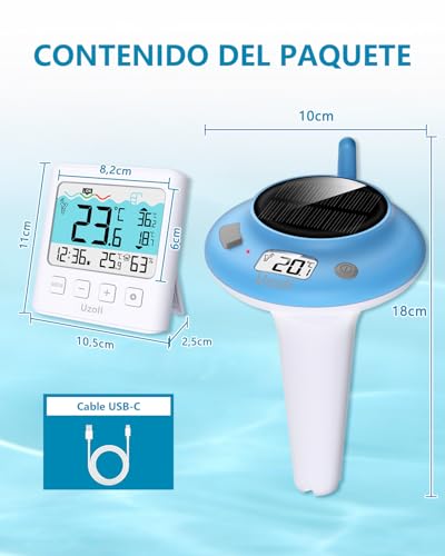 Miniatura 6 de Uzoli Termómetro De Piscina Flotante, Sensor Ipx7 Con Carga Usb O Solar, Temperatura Del Agua Con Nivel De Confort, Temperatura Interior, Termómetro Inalámbrico Para Estanque Pecera - Em777uc