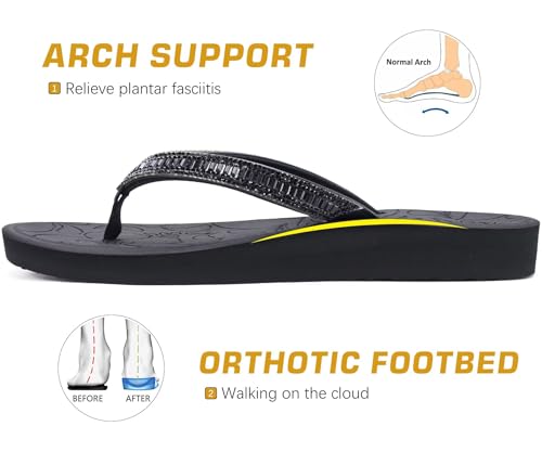 Image of ONCAI Women's Flip Flops with Rhinestone, Arch Support Yoga Mat Comfort Walking Summer Beach Thong Sandals with Plantar Fasciitis Rubber Soles US Size 5-11