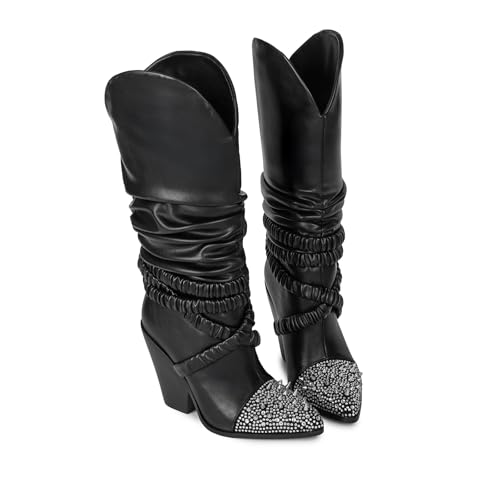 Image of Women's Studded Pointed Toe Western Boots Slouchy Knee High Chunky Heel | Studded Pointed Toe with Ruched Strap Detail and Chunky Heel