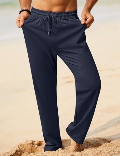 Image of iWoo Linen Pants Men Casual 2025 Summer Beach Elastic Drawstring Waist Yoga Pants Travel Baggy Work Pant Pajama