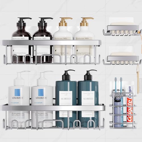 Image of Veken Adhesive Shower Caddy 5-Pack,Heavy Weight Bearing,Large Wall Mounted Shower Shelves Rack,Organizer Storage Accessories with Soap Dish&Toothbrush Holder,Ideal for Bathroom,Home&Kitchen,Silver