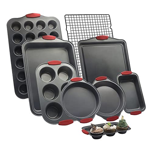 Nbftltop Carbon Steel Nonstick Bakeware Set, 9 Pieces Rimmed Baking Trays Cupcake Muffin Roasting Loaf Pan Cookie Sheets (Style 1) #TOP24