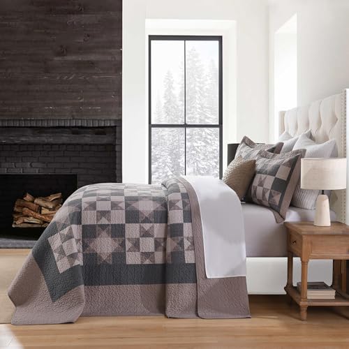 Image of EWlinens 100% Cotton 120 inchx120 inch Oversized King Bedspread - Rustic Cabin Star Patchwork Plaid Extra Large Quilts Bedding Set, Farmhouse Oversized King Quilt Bed Spread, 3 Pieces, Brown /Charcoal Gray