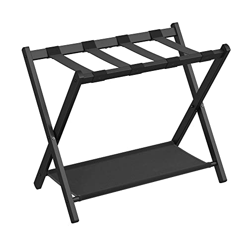 SONGMICS Luggage Rack with Shelf, Foldable Steel – Black