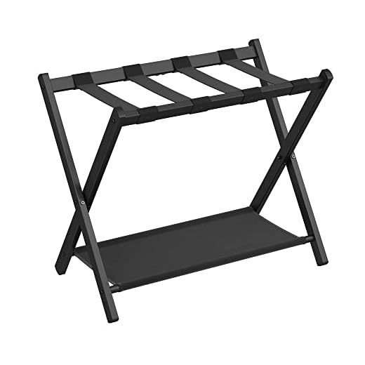 SONGMICS Luggage Rack for Guest Room, Suitcase Stand with Storage Shelf, Steel Frame, Foldable for Easy Storage, Hotel, Bedroom, Black URLR003B01