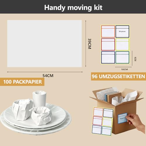Harnyles Packpapier Umzug Set: 100 Blatt Verpackungspapier 39 x 54 cm zum Schutz zerbrechlicher Gegenstände und 96 farbige Umzugsetiketten 9 x 10 cm für Umzugskartons – Essentials für den Umzug